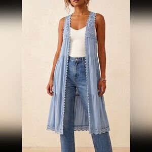POL Light Blue Crochet-Trim Open Front Tunic Vest